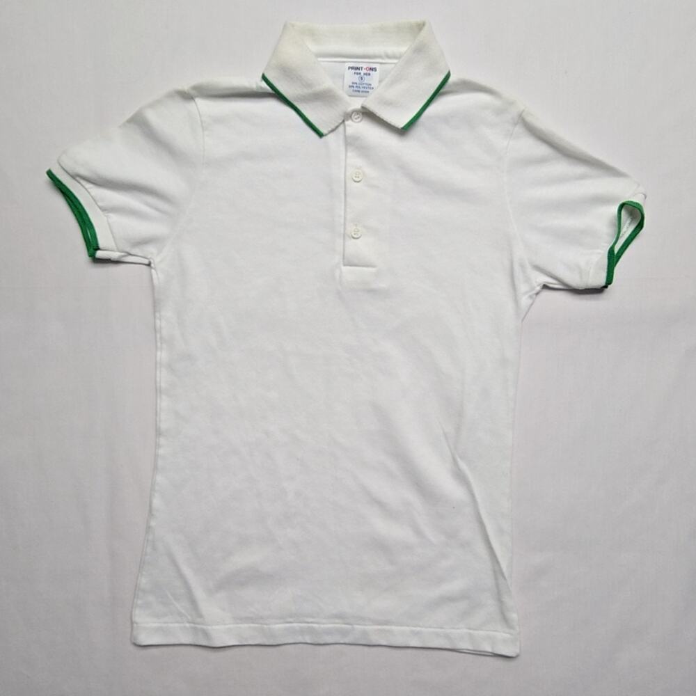 Vintage New Polo Print-Ons White Green Trim Small Shirt 80s